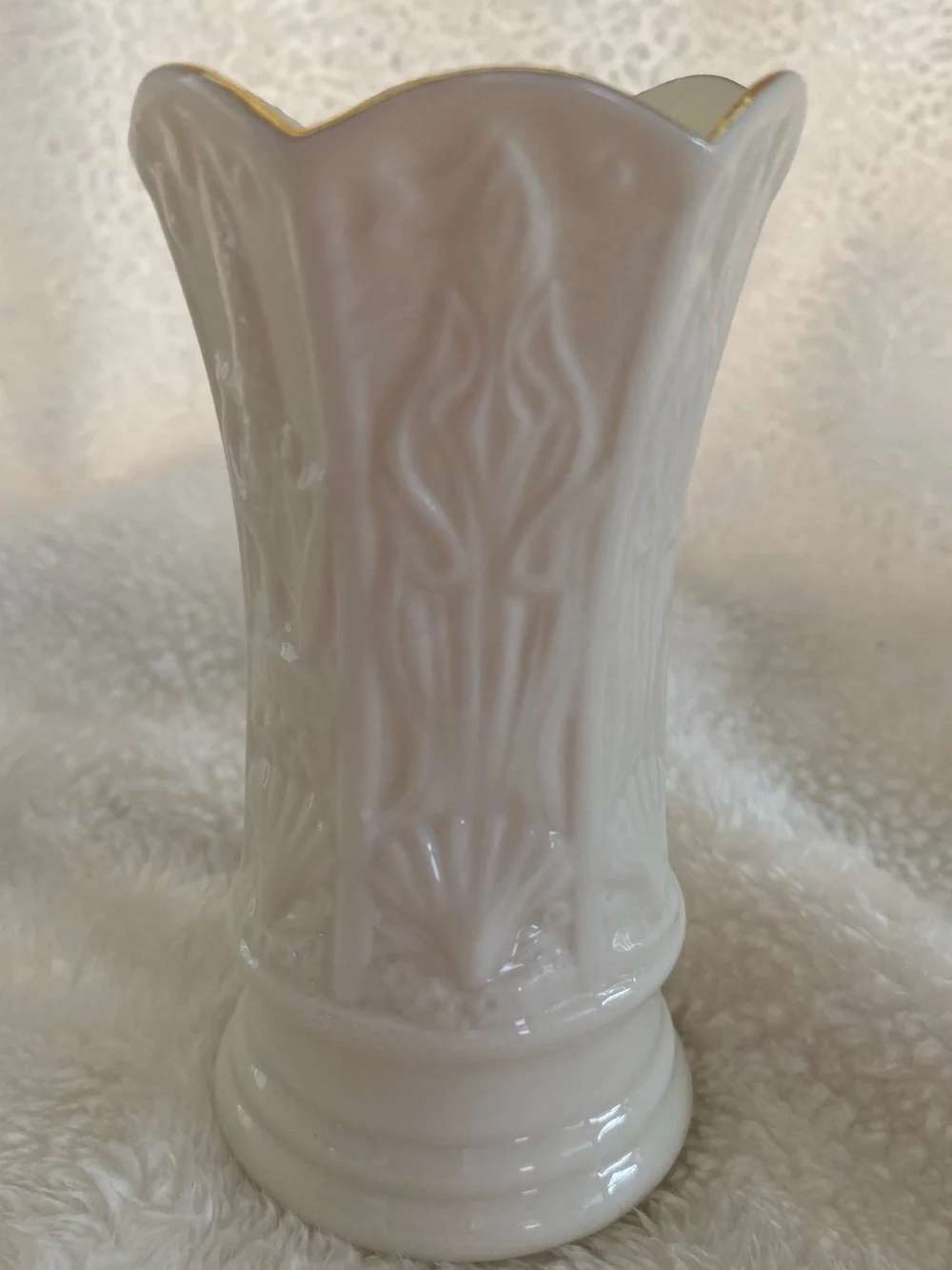 Belleek Small Cream Embossed Porcelain Vase with Gold Trim